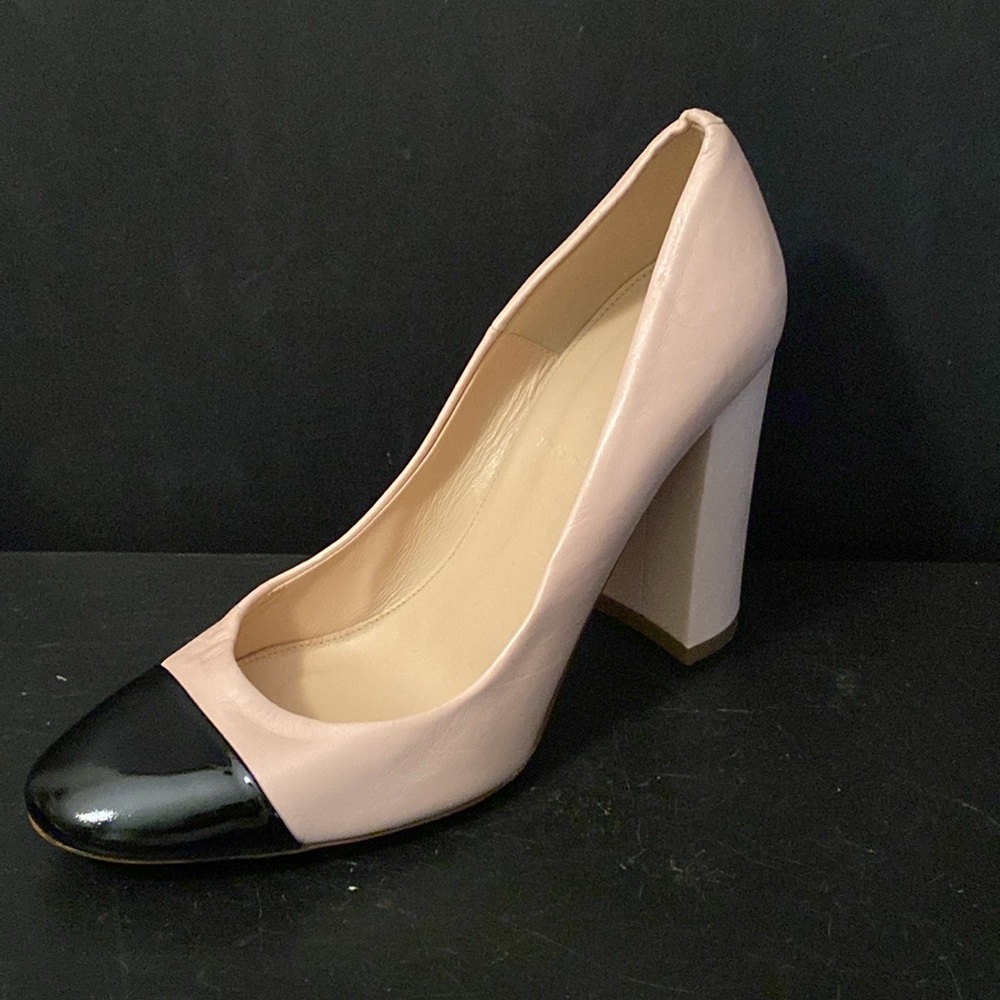 J. Crew Lena Faded Blush Leather Black Cap Toe Pump Sz 38/7.5 Block Heels Italy - Picture 2 of 8